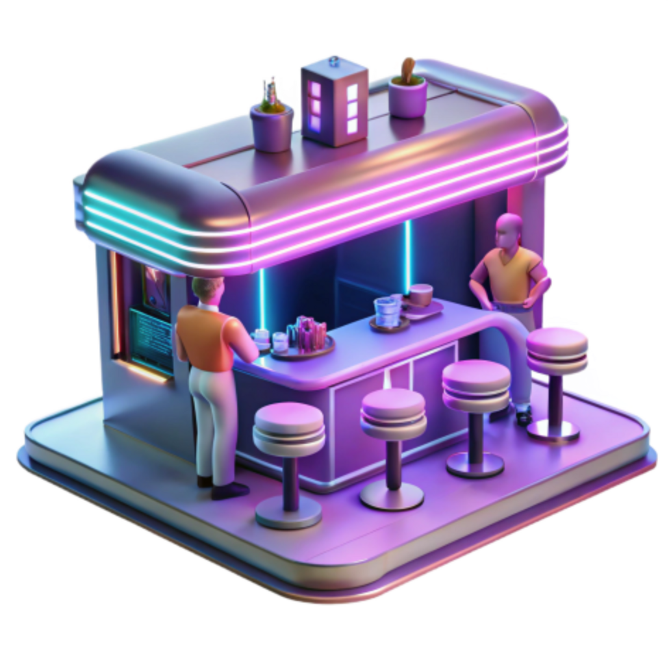 vibrant vintage Retro Futuristic Bar Neon Lights and 3D Render high quality png