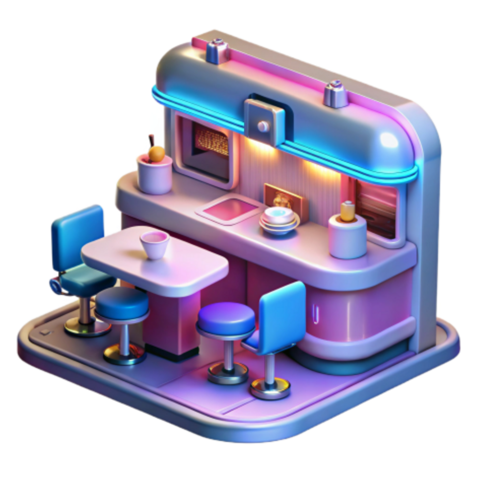 dramatic minimalist Retro Diner Kitchen 3D Isometric Design authentic png