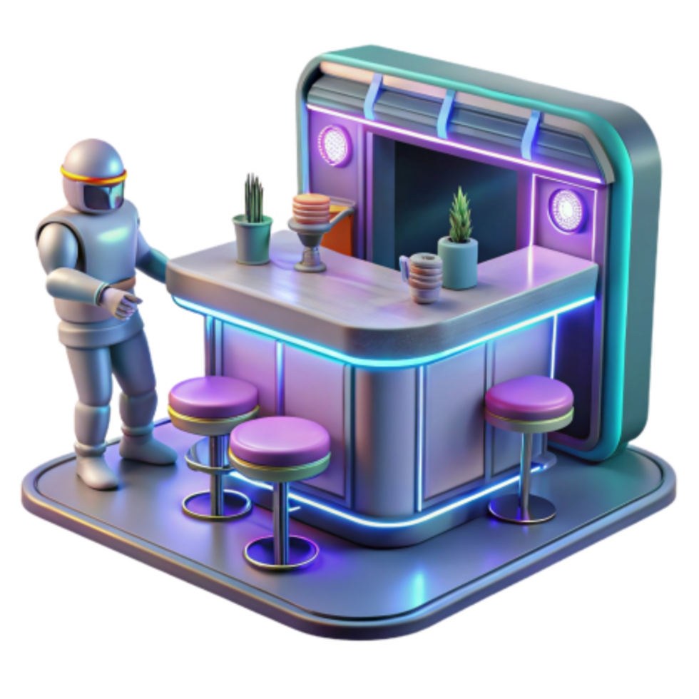 extraordinary modern Retro Futuristic Bar Scene Robot at Neon Counter original png