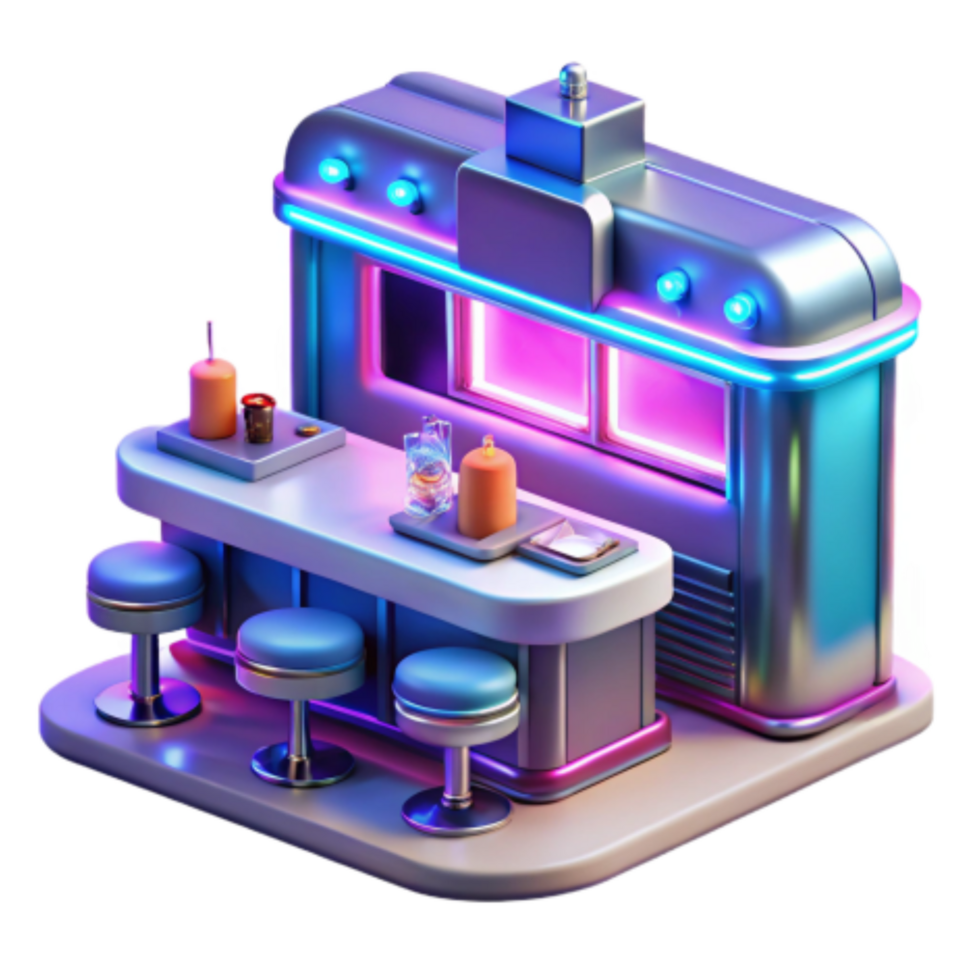 dramatic minimalist Neon Retro Bar 3D Render of a Stylish Diner Counter exclusive png