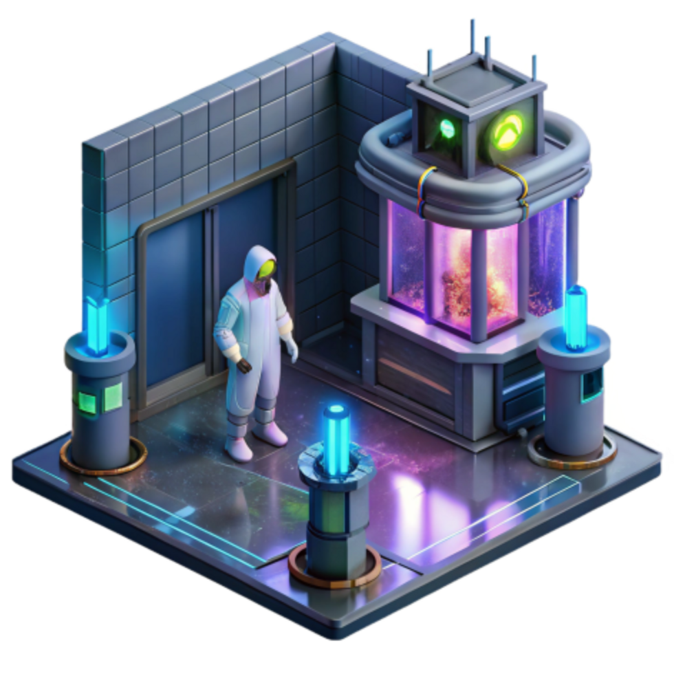 stunning contemporary Futuristic Lab Scientist in Bio-Chamber authentic png