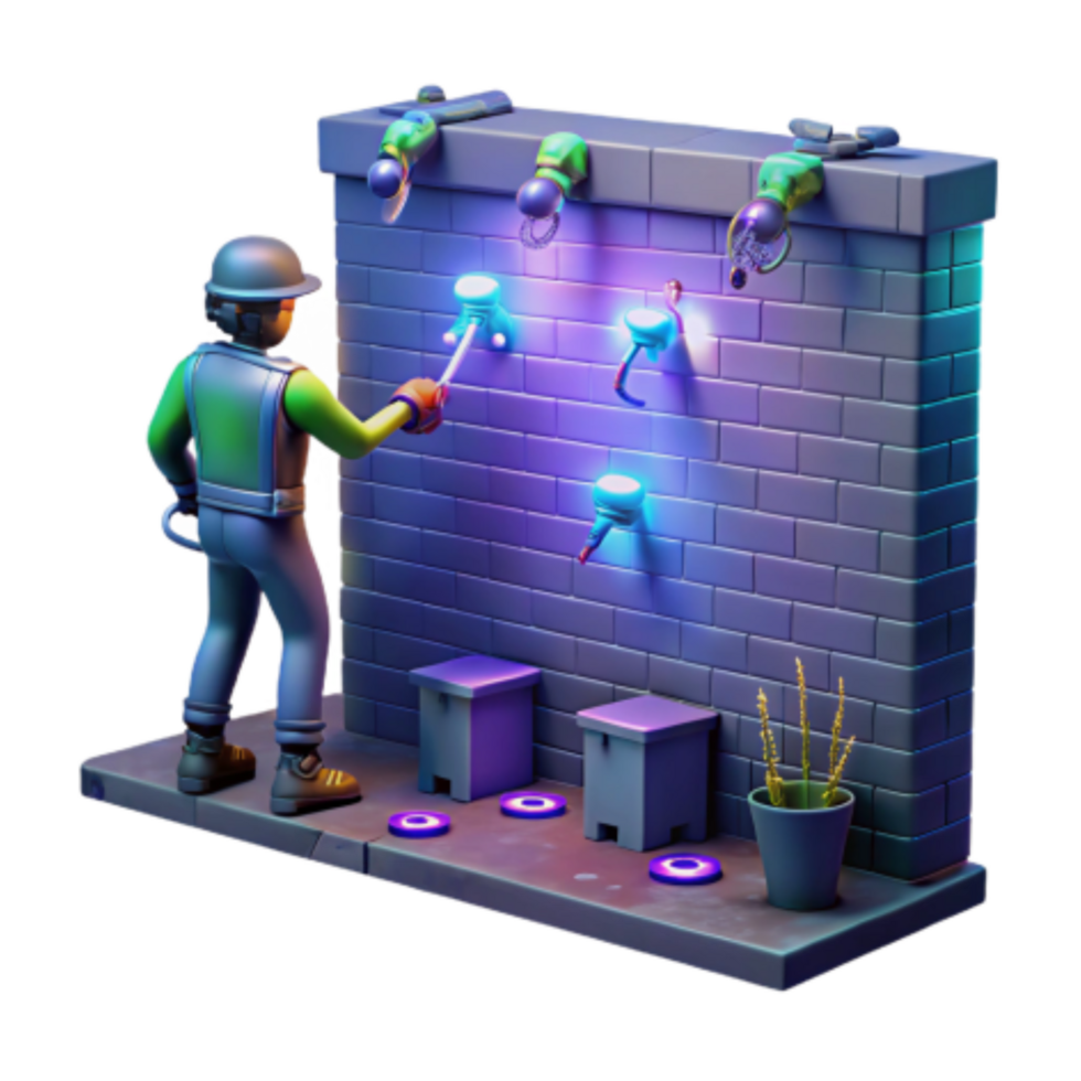 vibrant rustic Repairing Neon Lights on Brick Wall 3D Game Scene authentic png
