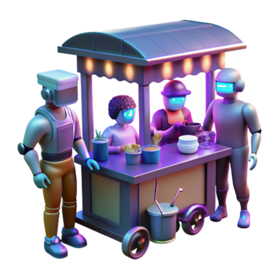 serene classic Robots at a Food Cart AI and Automation in the Future of Food Service premium png