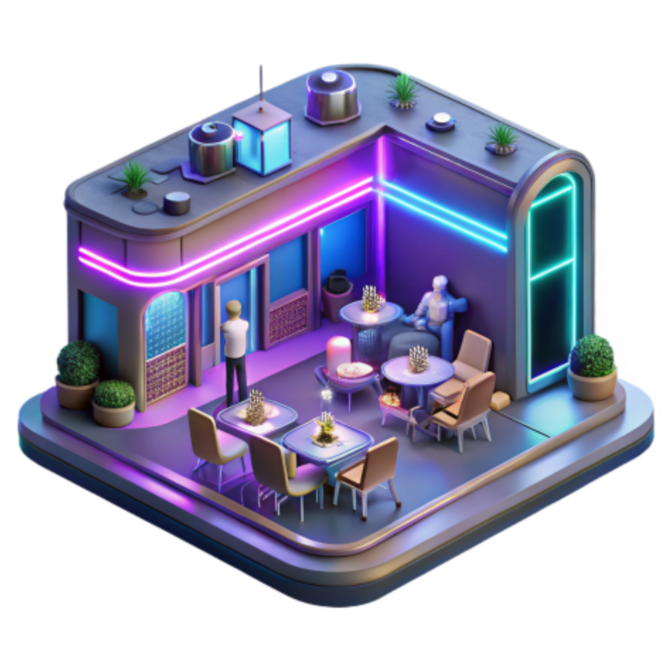 extraordinary traditional Neon Bistro Nightlife Scene, 3D Render original png