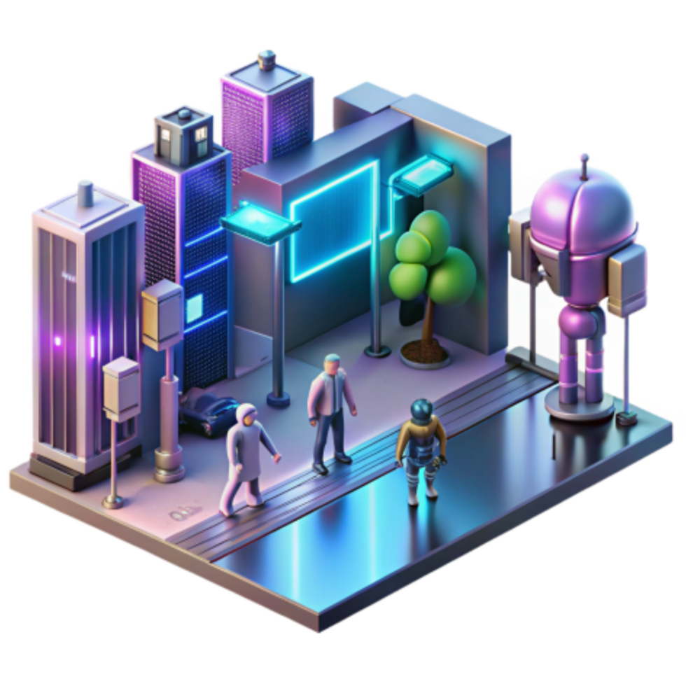 impressive abstract Cyberpunk Cityscape Futuristic Street Scene with Neon Lights and Robots genuine png