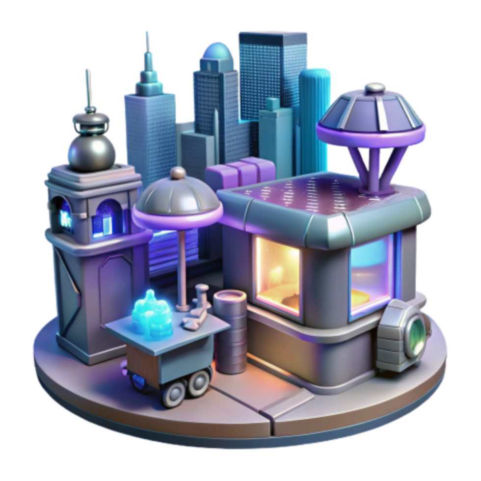 dramatic minimalist Futuristic Cityscape Neon Lights, Urban Structures, and Street Vendors detailed png