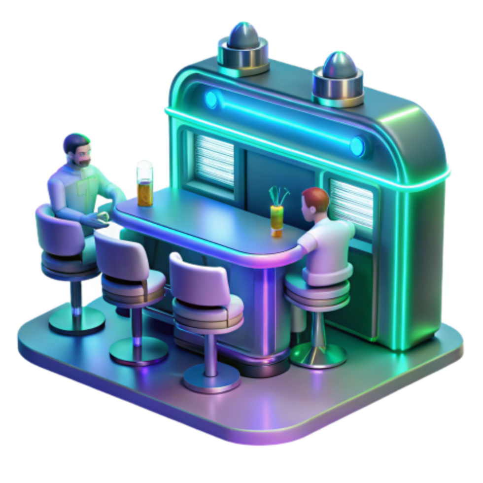 serene vintage Neon Bar 3D Render of Retro Bar Scene detailed png