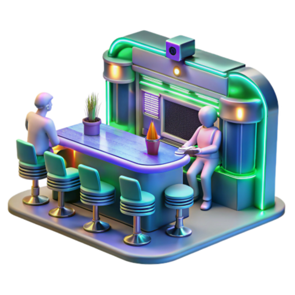 elegant modern Retro-Futuristic Bar Scene 3D Render high resolution png
