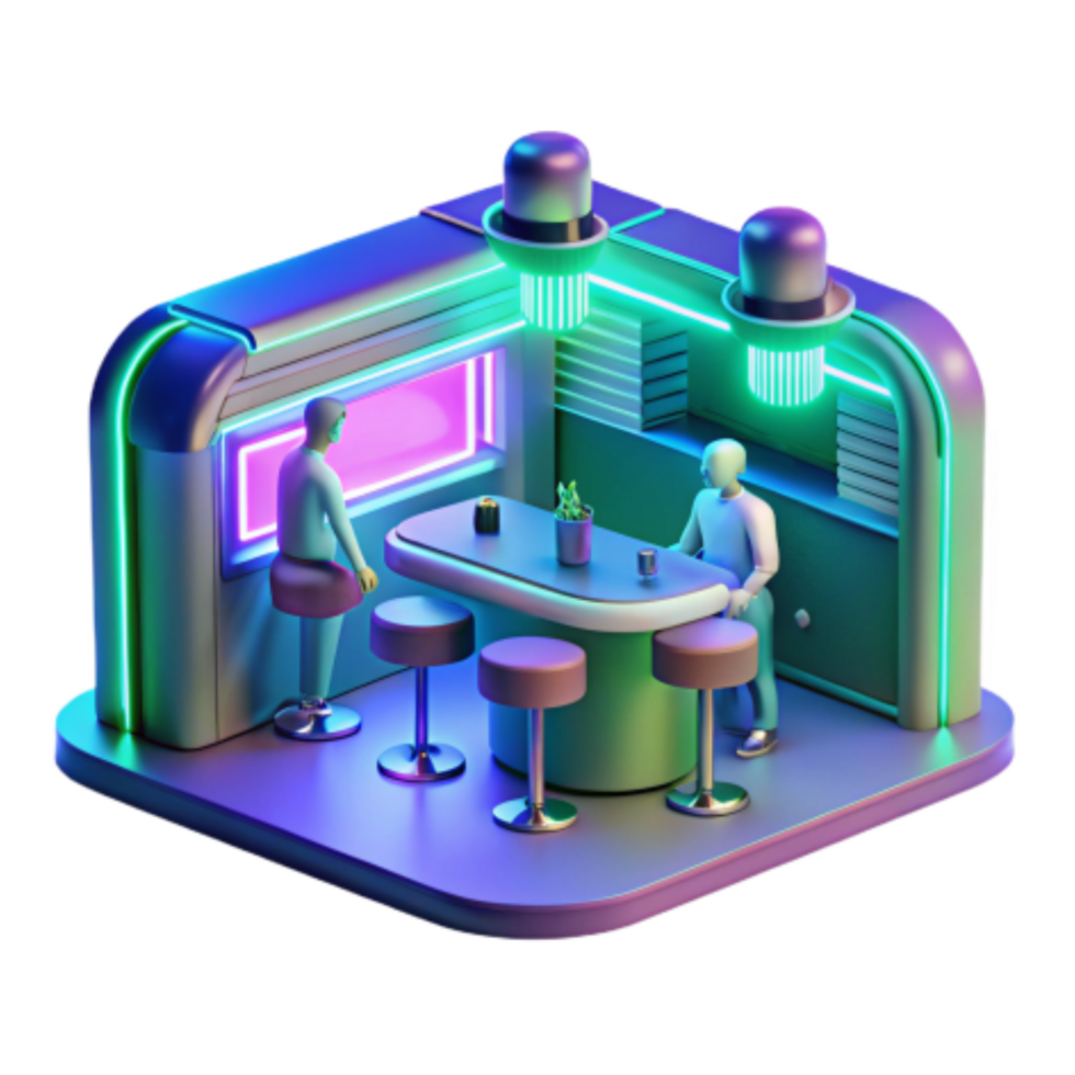 dramatic modern Neon Bar 3D Render of Retro Bar Scene high quality png