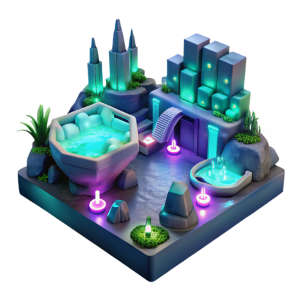wonderful minimalist Neon-lit Fantasy Oasis 3D Render of a Magical Spa genuine png