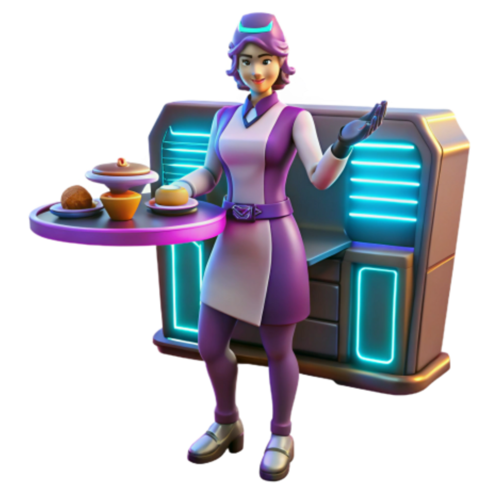 vibrant creative Futuristic Waitress Serving Food, Neon Diner, 3D Render detailed png