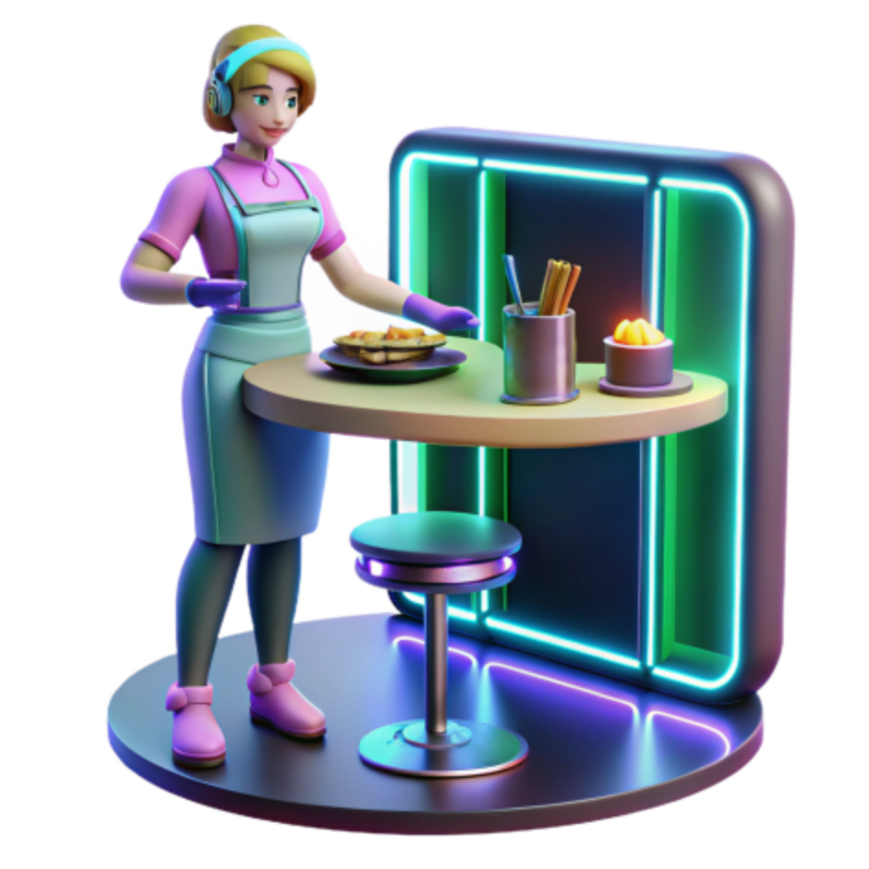 magnificent traditional 3D Render of Waitress Serving Food at Neon Lit Counter detailed png