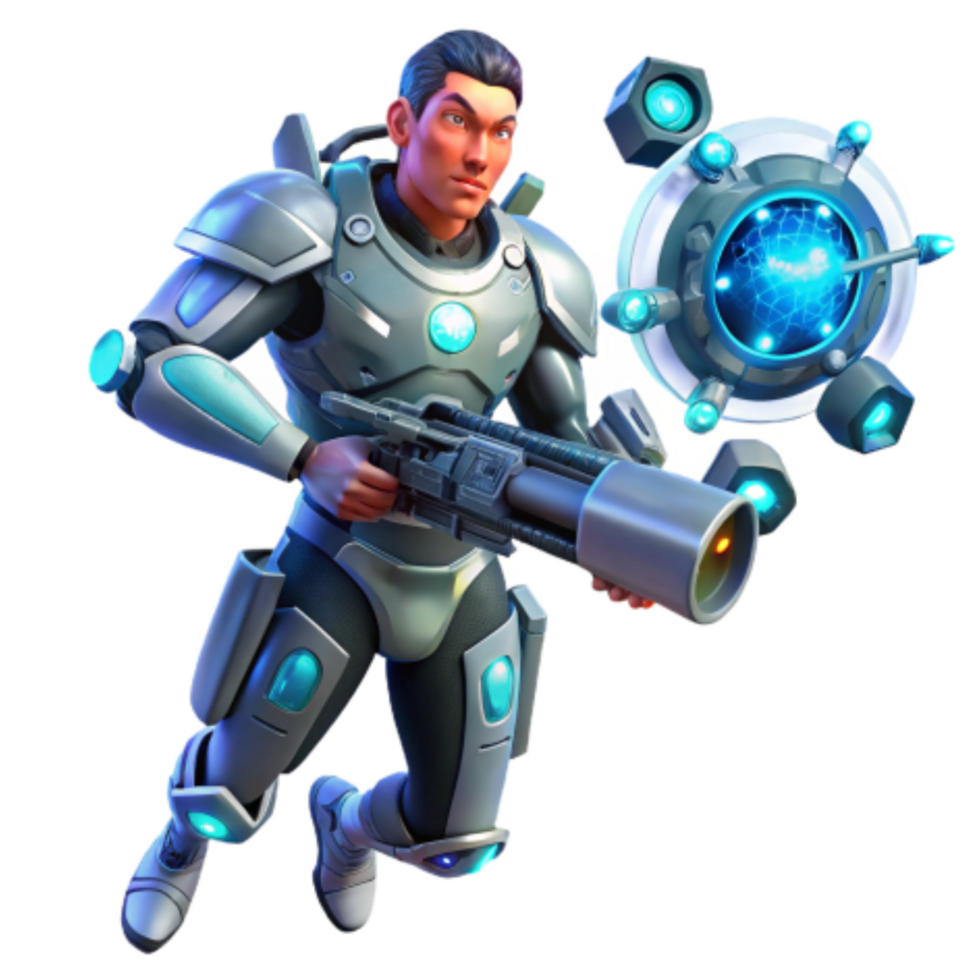 wonderful vintage Futuristic Soldier with Energy Weapon and Shield 4K png