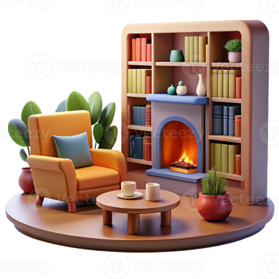 elegant traditional Cozy 3D Render of Fireplace and Armchair detailed png
