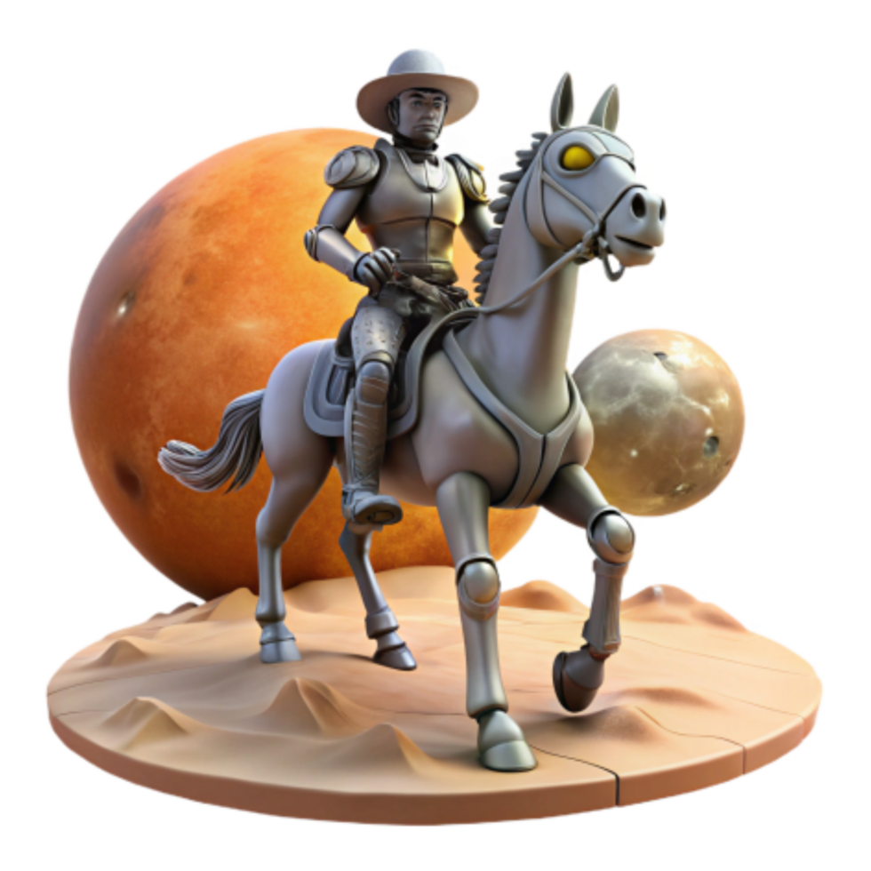 wonderful rustic Robotic Cowboy on Horseback Martian Landscape Diorama original png