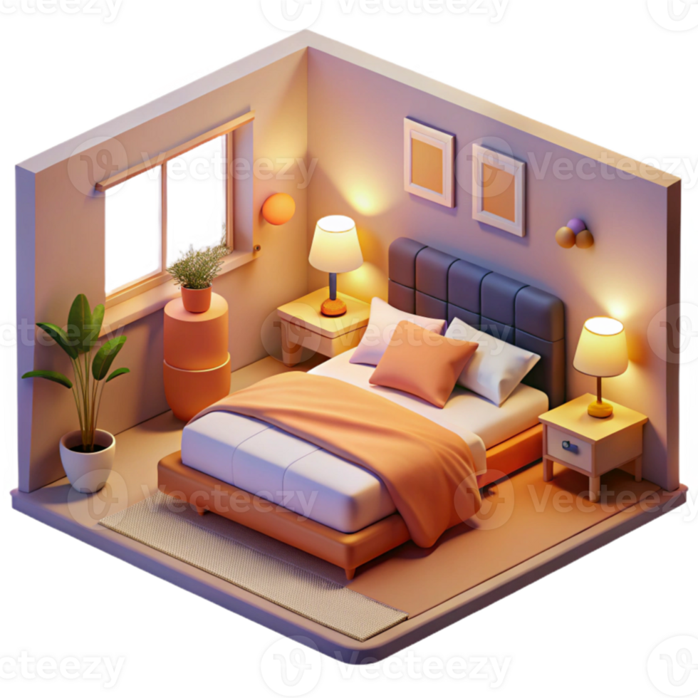 wonderful traditional Cozy 3D Isometric Bedroom Illustration high quality png