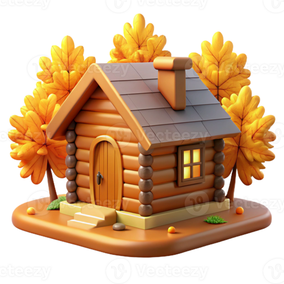 serene rustic Autumn Log Cabin 3D Render original png