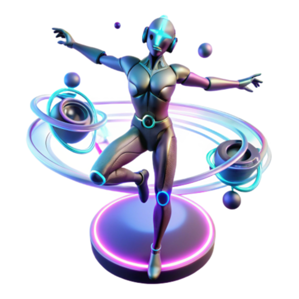 serene rustic Cosmic Dance Futuristic Robot in Neon Orbit detailed png