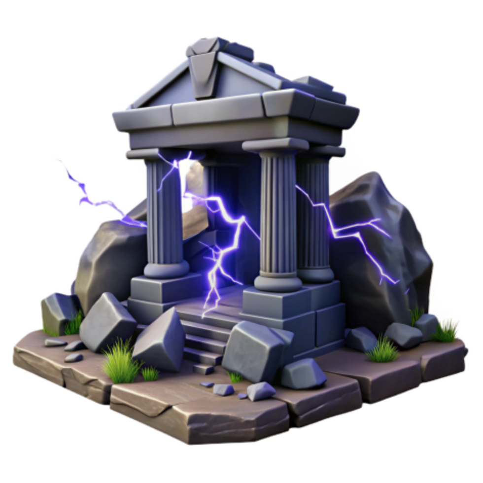 dramatic minimalist Ruined Temple 3D Model Lightning Strikes Ancient Stone Structure 4K png