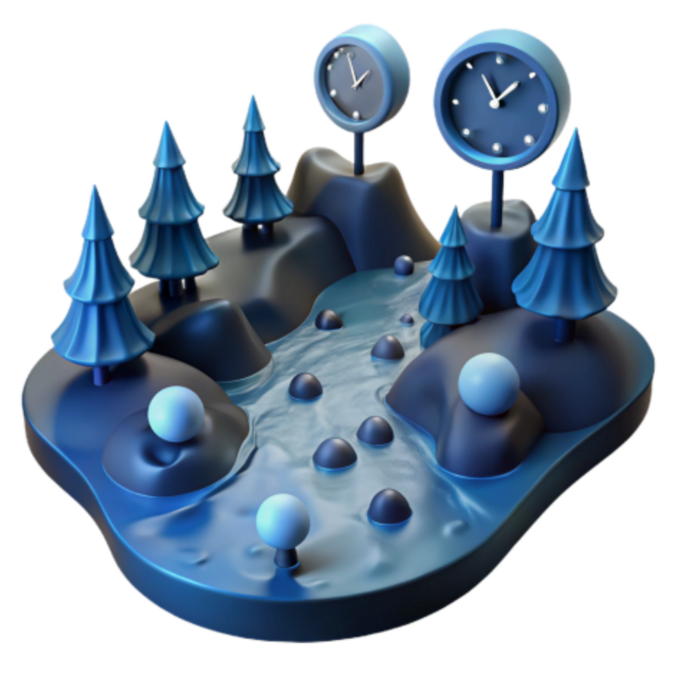 dramatic minimalist Winter Stream 3D Render Clock, Trees, Snow high quality png