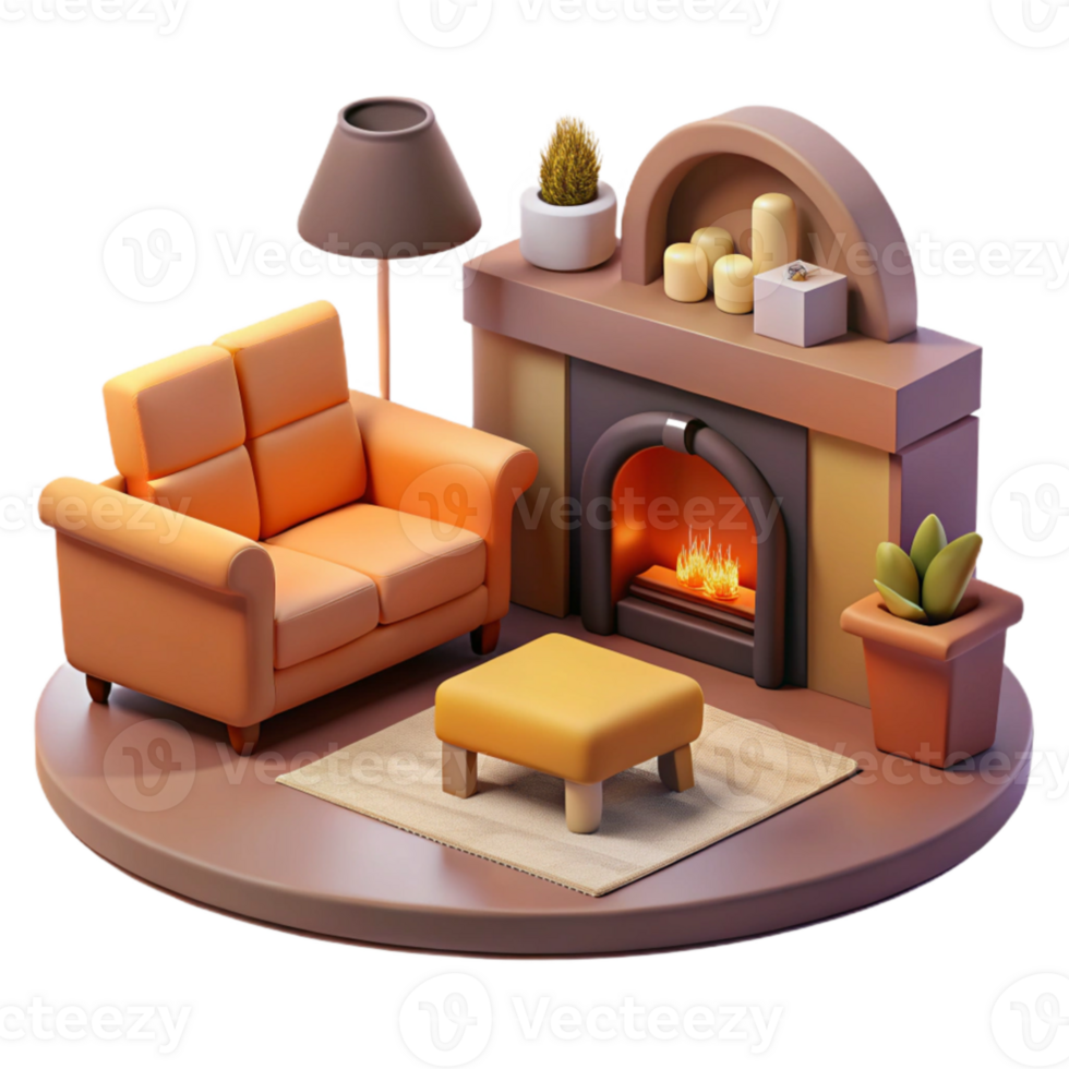 impressive abstract Cozy 3D Render of Fireplace Living Room high quality png