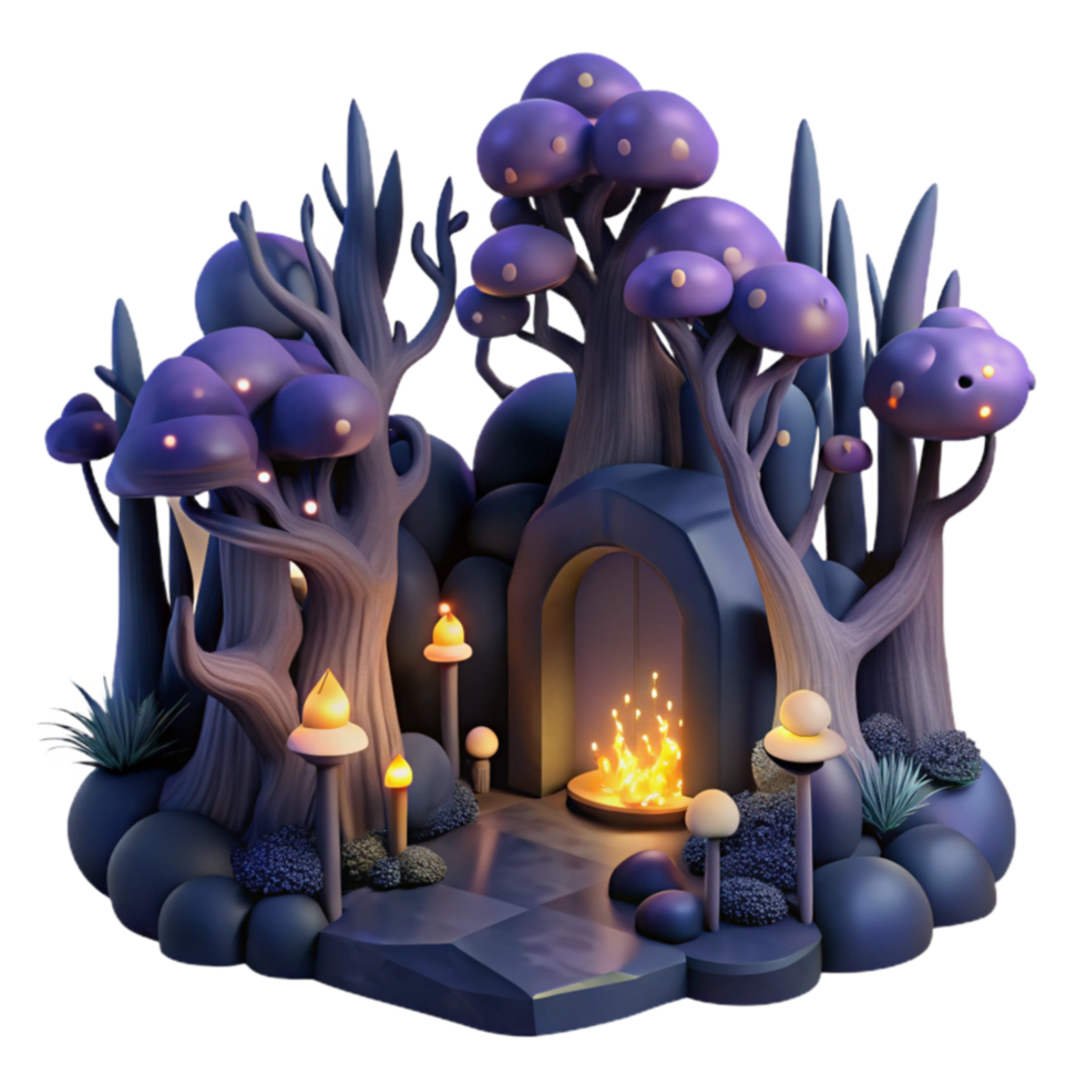 serene classic Enchanted Forest with Glowing Mushrooms and Campfire authentic png