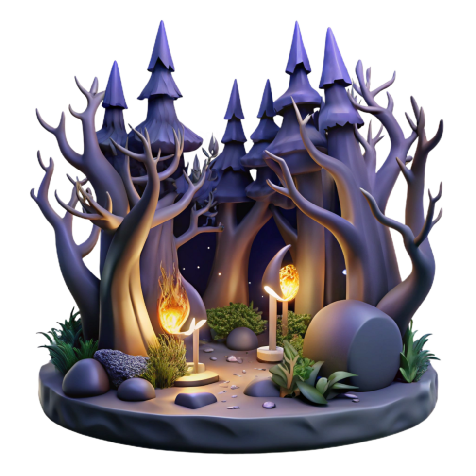 elegant classic Enchanted Forest Night Scene with Firelight high quality png