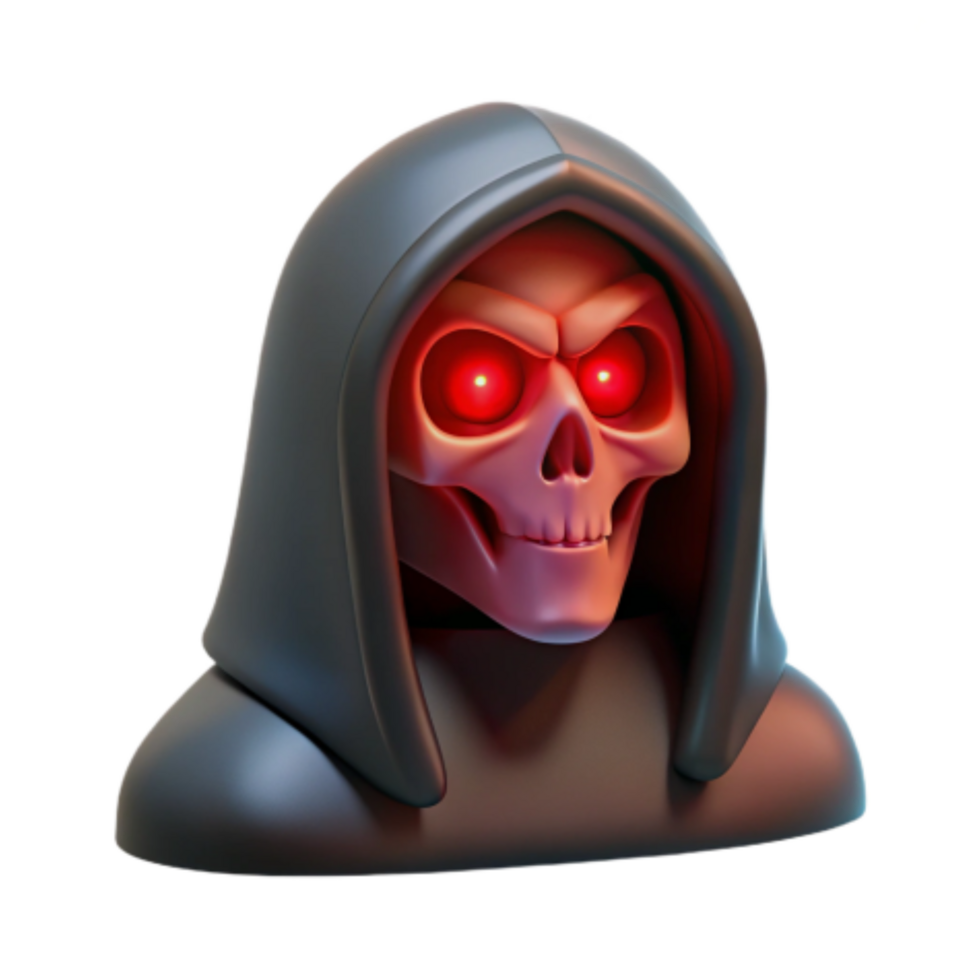 extraordinary minimalist Grim Reaper 3D Model Glowing Red Eyes, Dark Hood professional png