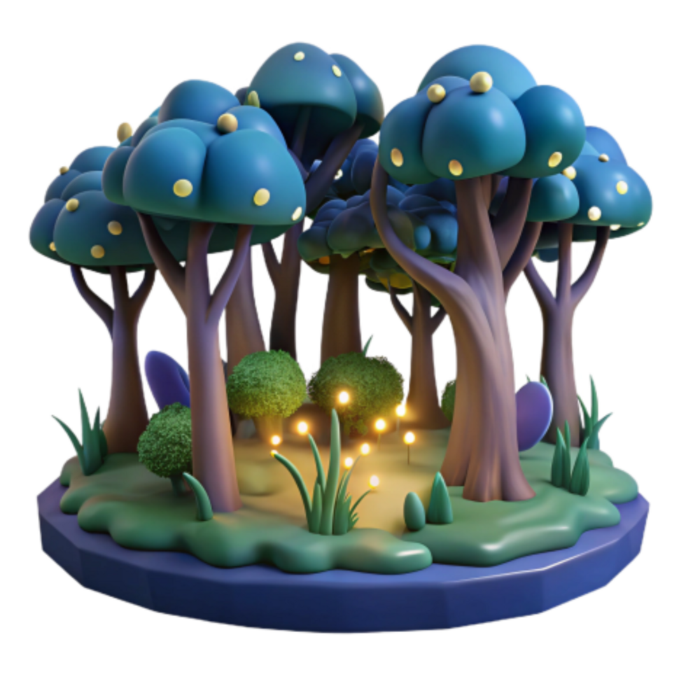 wonderful classic Enchanted Forest 3D Night Scene with Glowing Fireflies detailed png