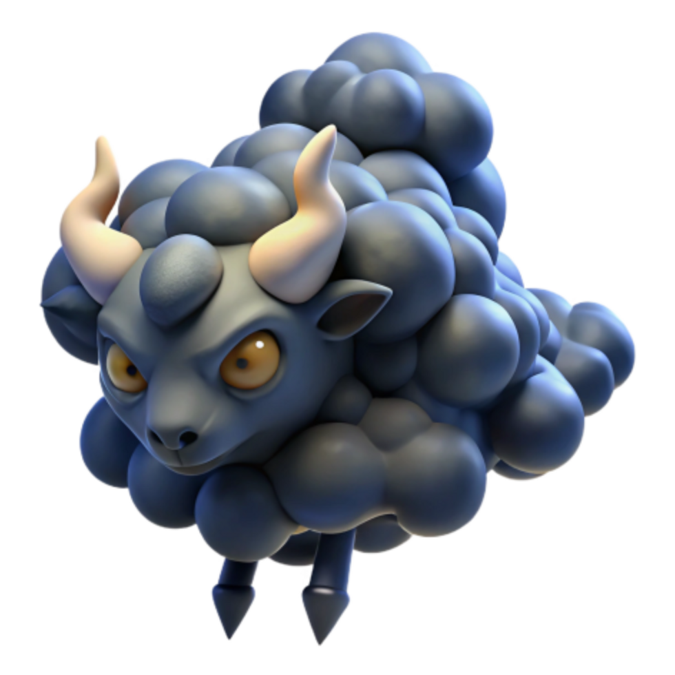 stunning abstract Dark Sheep 3D Model of a Horned, Fluffy Creature high resolution png