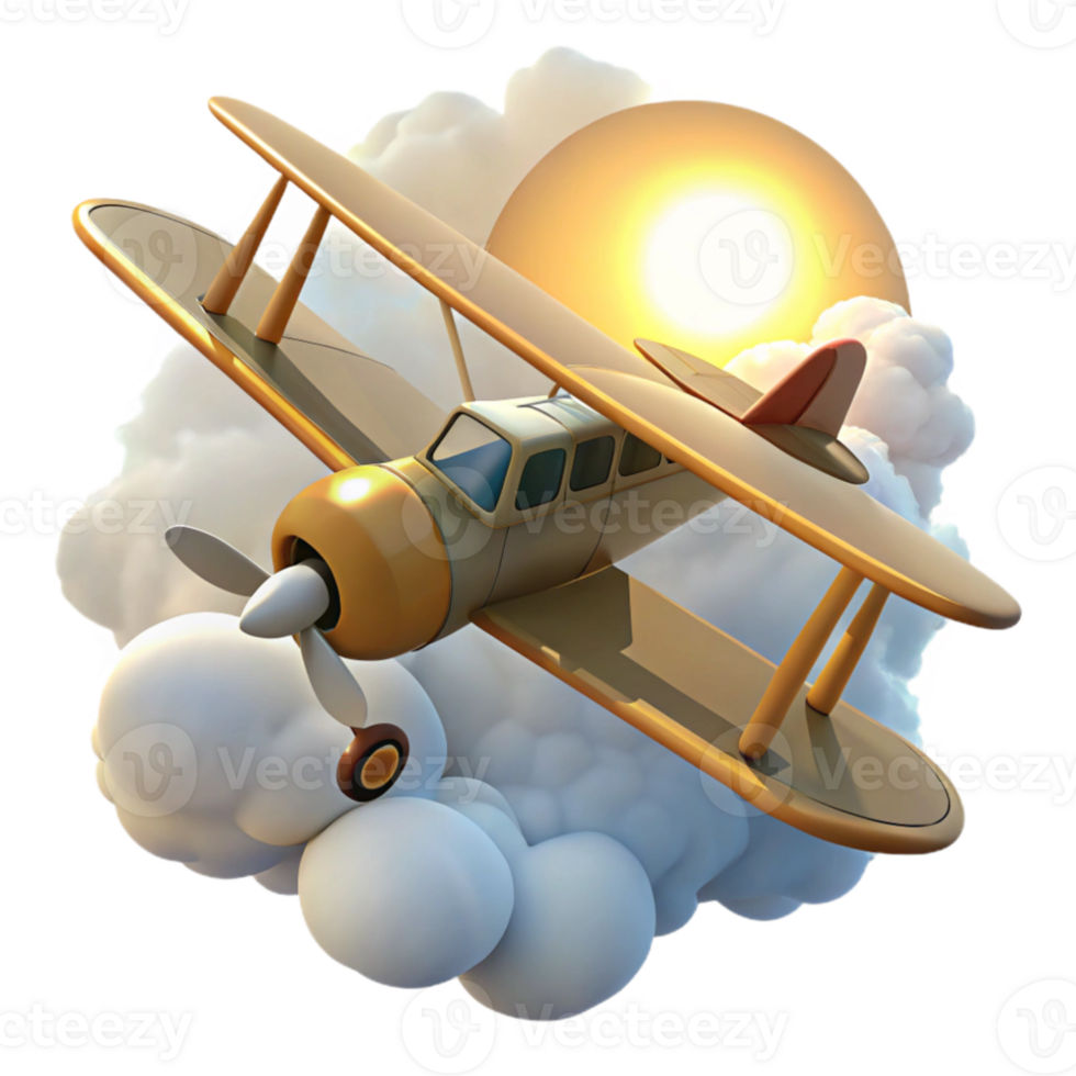 elegant contemporary Vintage Biplane 3D Render Sun Clouds high resolution png