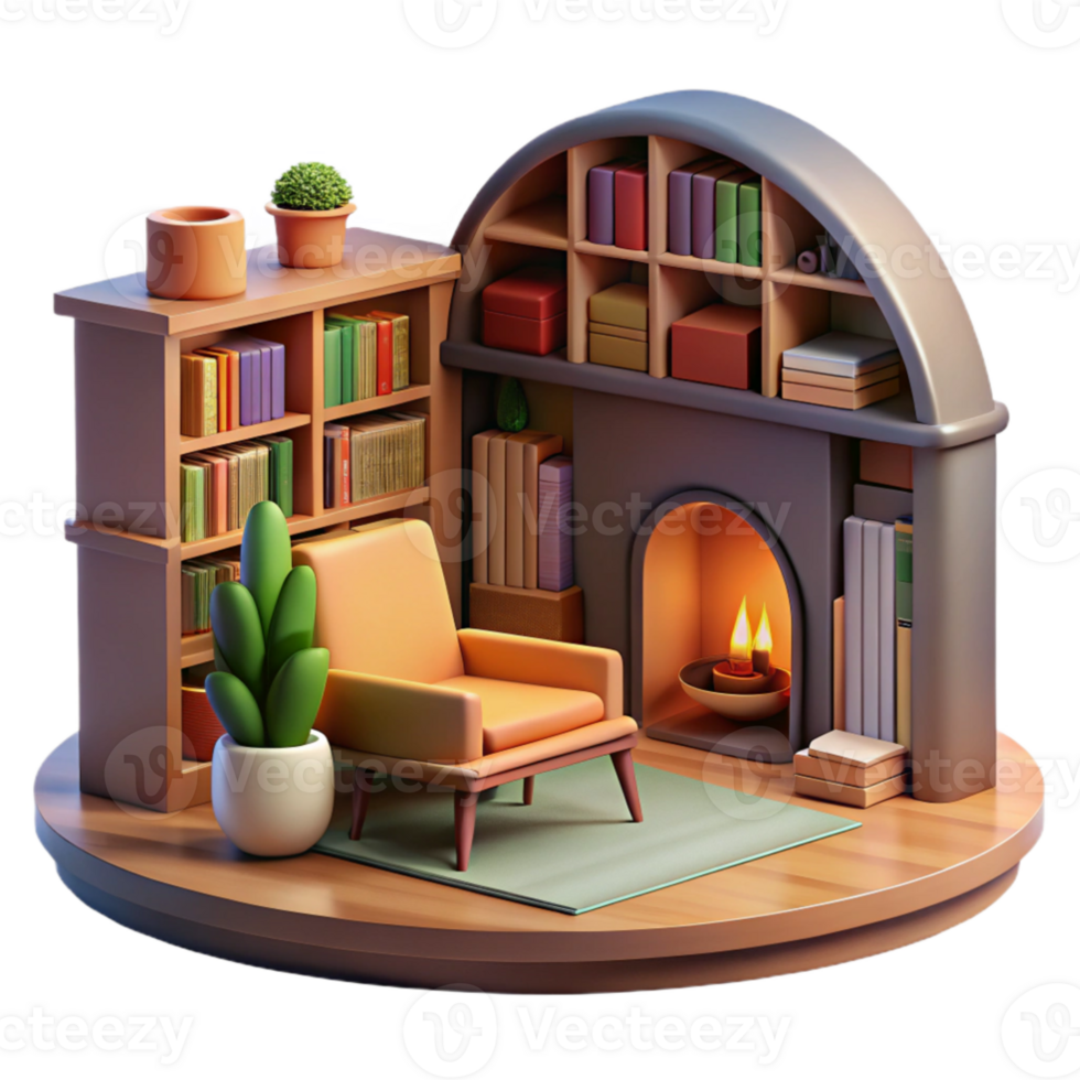 elegant creative Cozy 3D Render of a Fireplace and Bookshelves genuine png