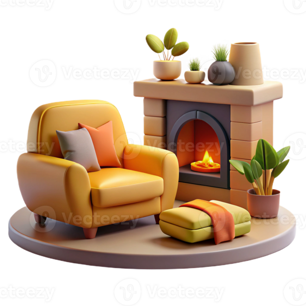 extraordinary modern Cozy 3D Render of Fireplace and Armchair premium png