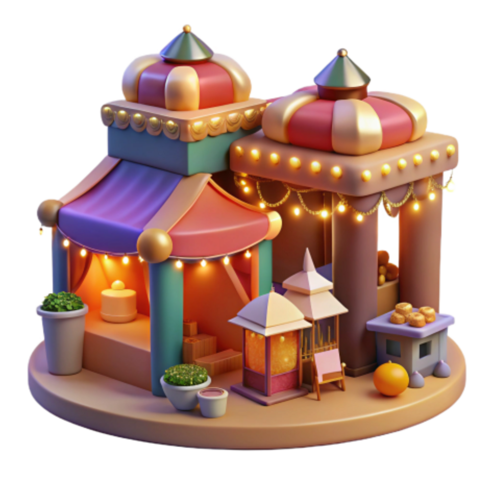 beautiful rustic Enchanted Night Market 3D Render of Festive Stalls authentic png