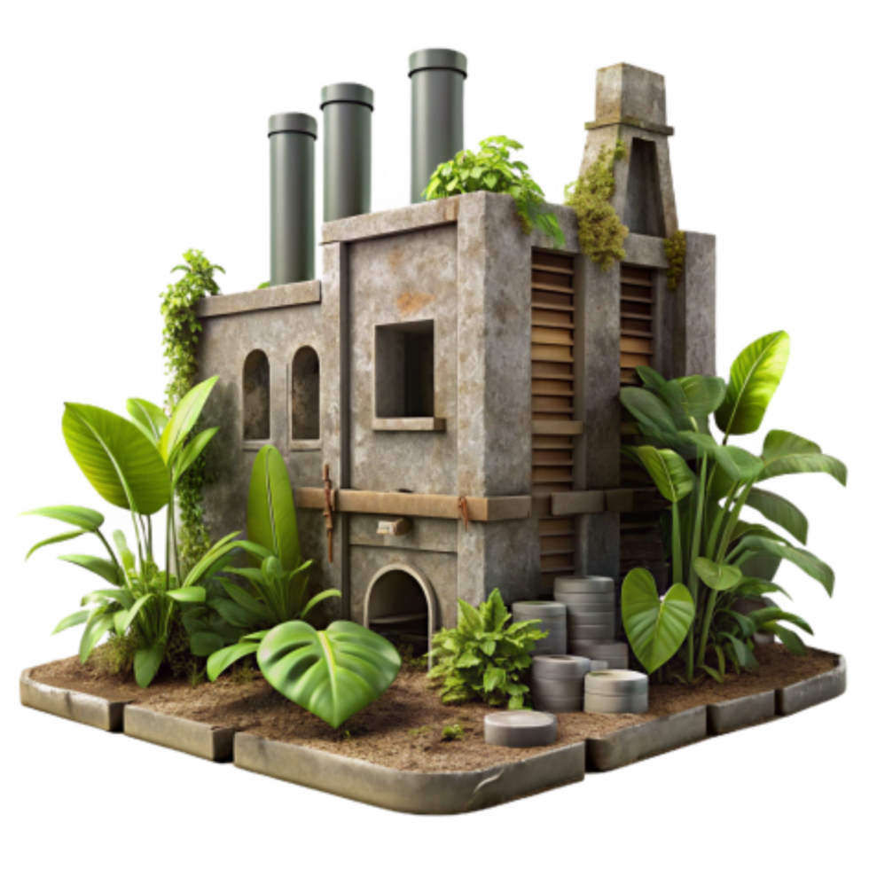 dramatic contemporary Overgrown Industrial Ruins Tropical Plant Life Reclaiming Factory 4K png