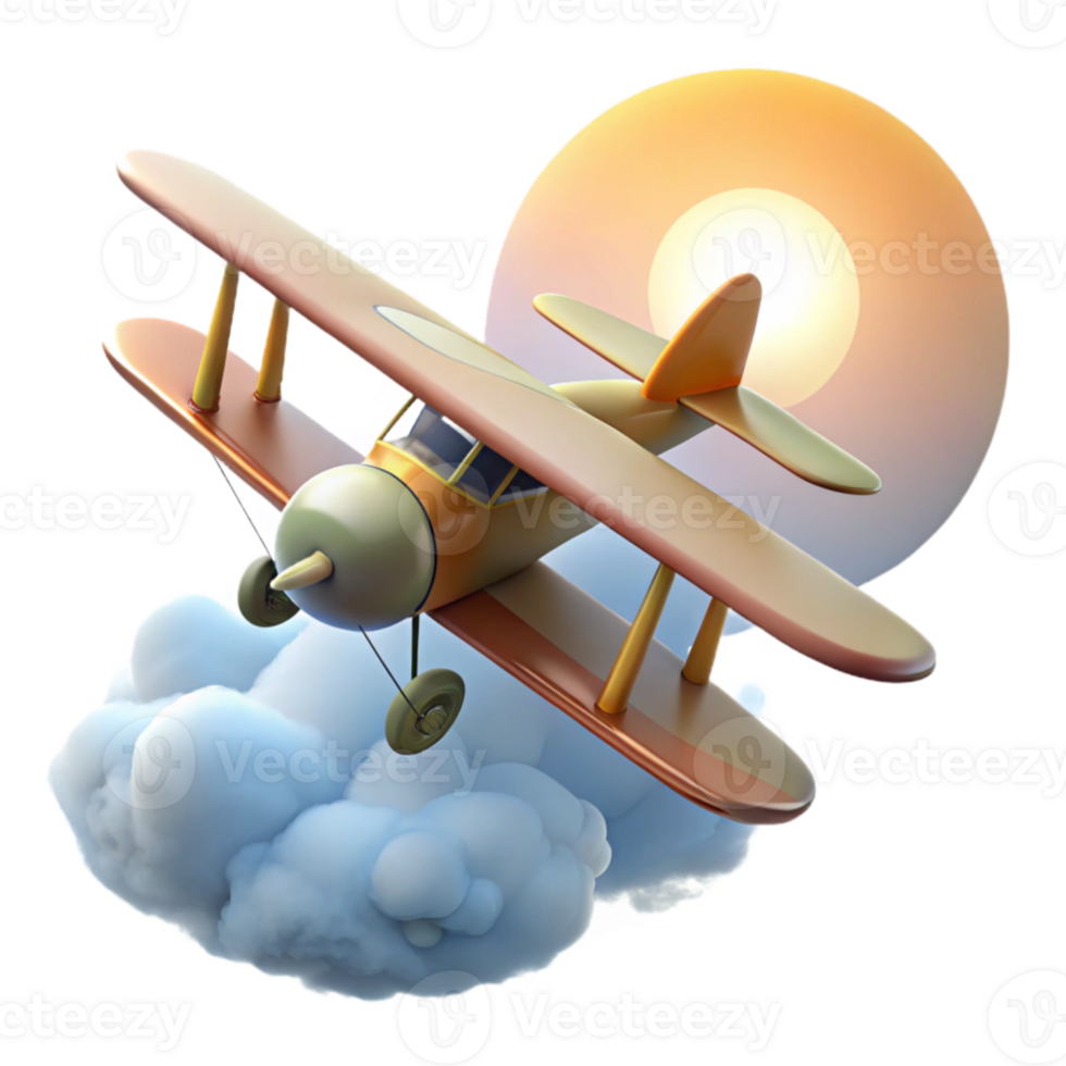 dramatic modern Cute Biplane 3D Render Sun Clouds professional png