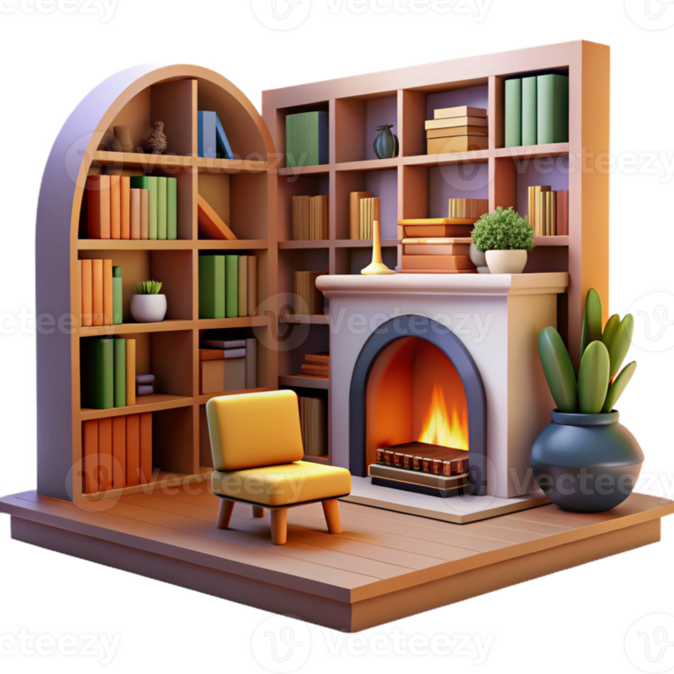 impressive classic Cozy 3D Render of Fireplace and Bookshelves premium png
