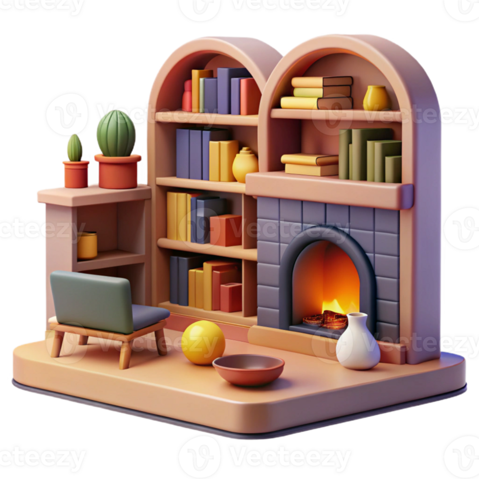 elegant modern Cozy 3D Render of Fireplace and Bookshelves high quality png