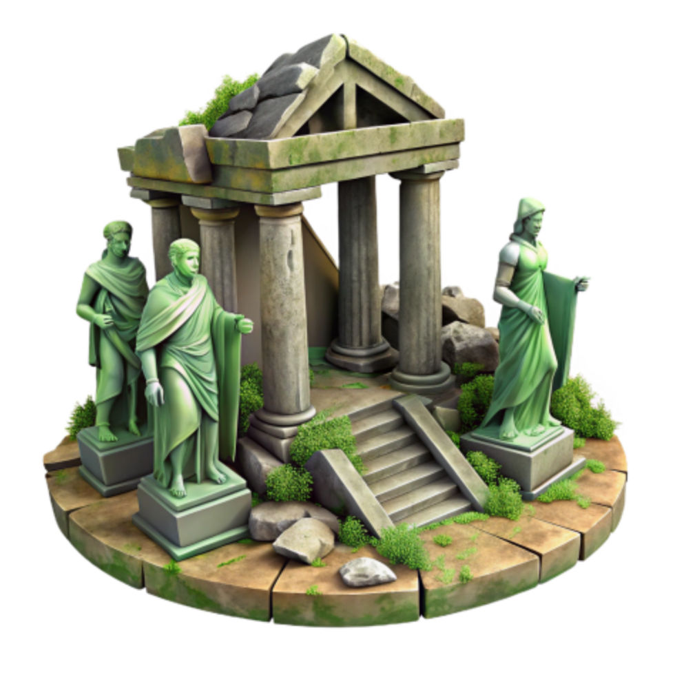 elegant minimalist Ancient Ruins with Statues 3D Model of Classical Temple exclusive png