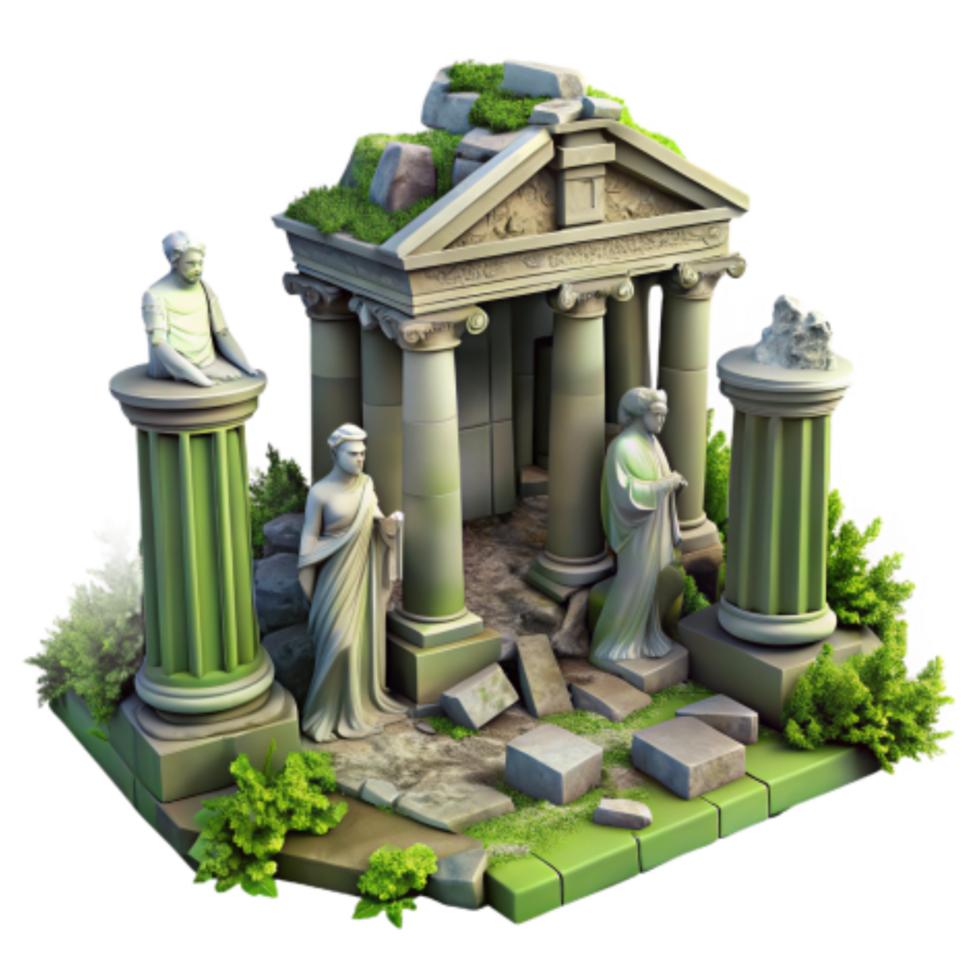 serene rustic Ancient Ruins 3D Model Temple, Statues, Columns genuine png