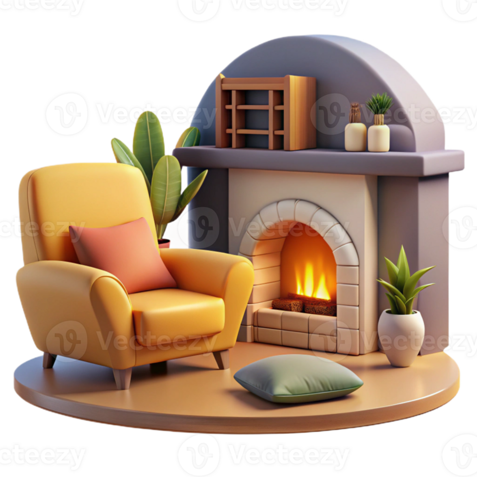 dramatic contemporary Cozy 3D Fireplace Illustration Relaxing Home Scene high resolution png