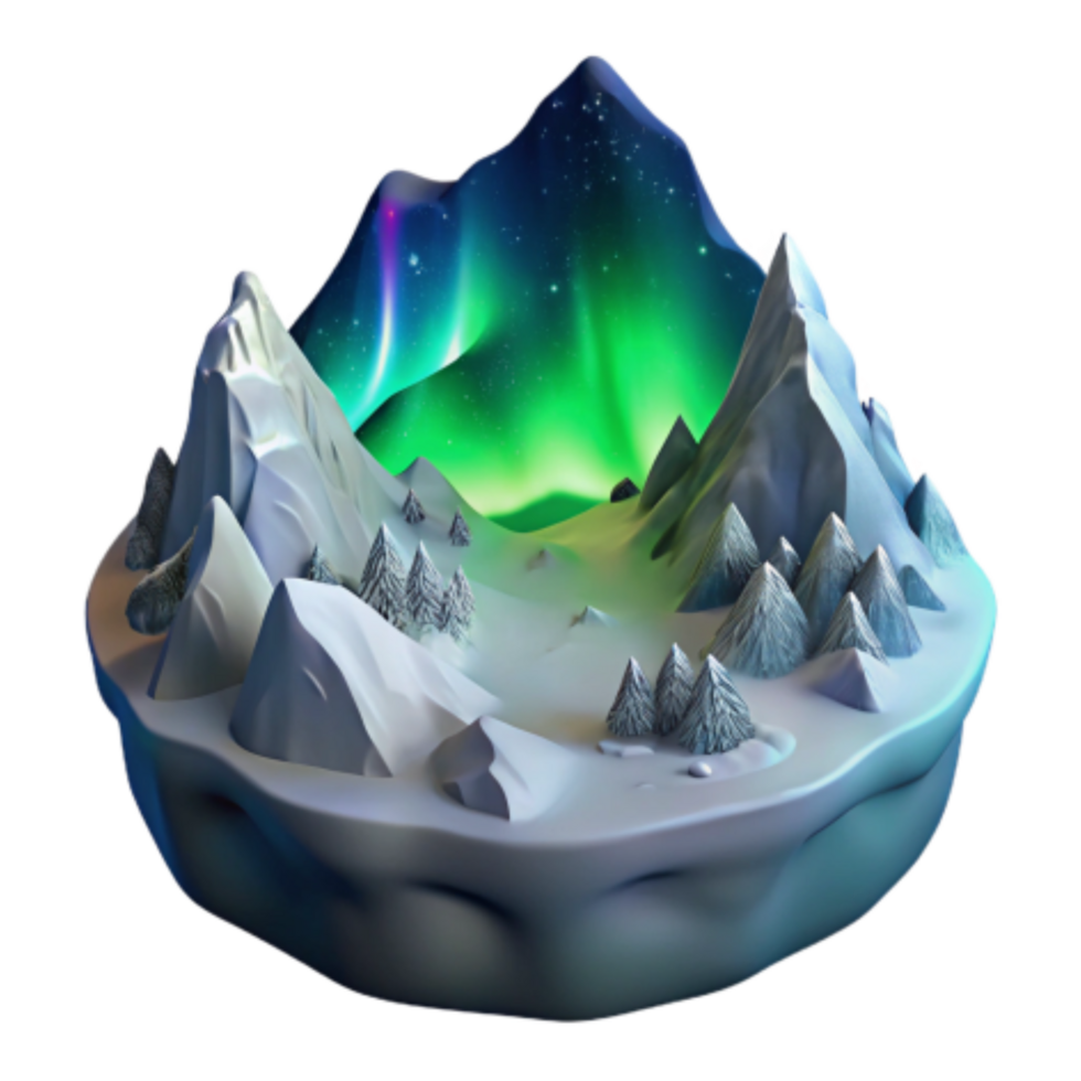 stunning contemporary Aurora Borealis over Snowy Mountains Winter Wonderland Scene high quality png