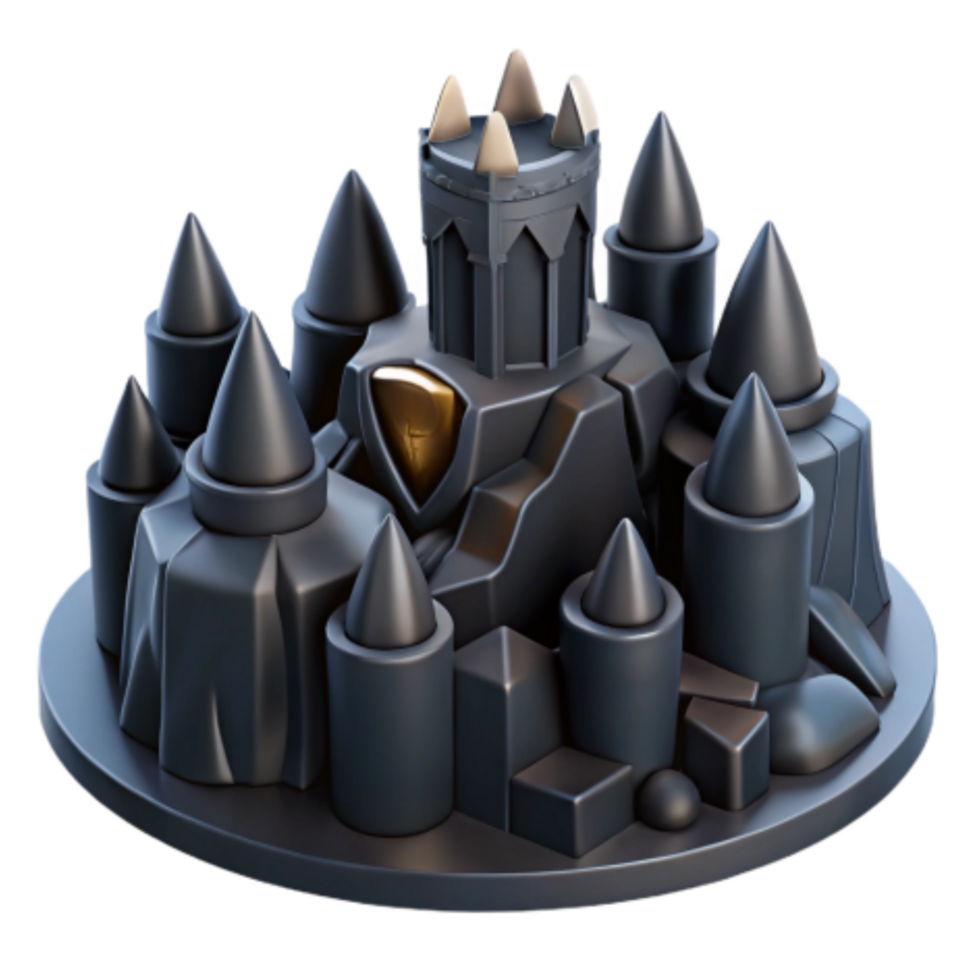 beautiful artistic Fantasy Castle 3D Model Dark Fortress, Spiked Towers, Mountainous Terrain authentic png
