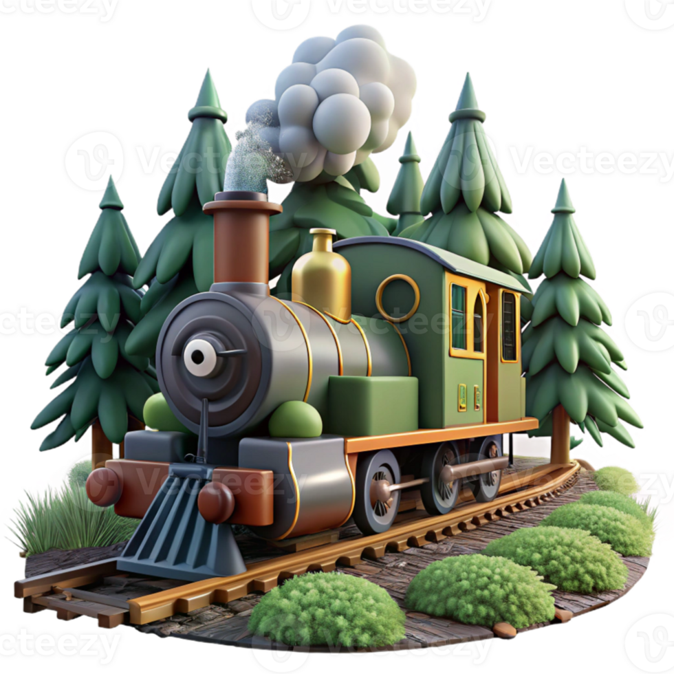 serene vintage Cartoon Train 3D Render in Forest high quality png