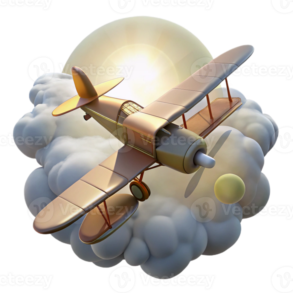 dramatic artistic Golden Biplane in Clouds 3D Render exclusive png