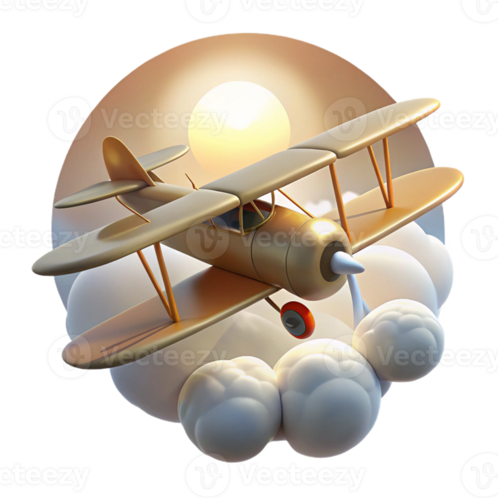 extraordinary creative Golden Biplane Soaring Through Sunset Clouds 3D Illustration authentic png