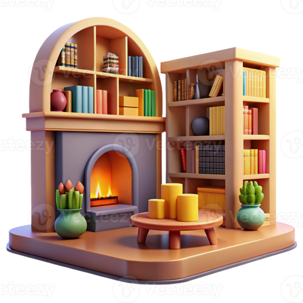 wonderful classic Cozy 3D Fireplace and Bookshelves Render premium png