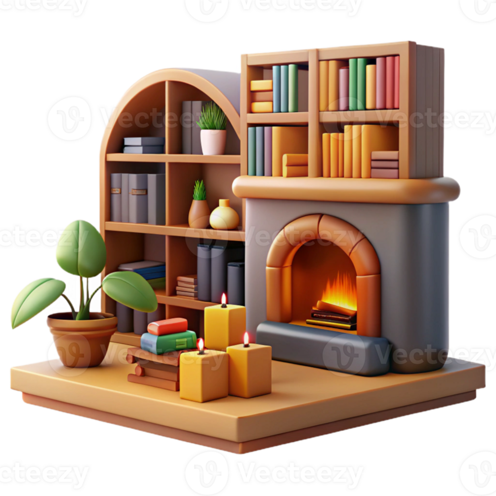 extraordinary vintage Cozy 3D Render Fireplace Bookshelves Candles Illustration authentic png