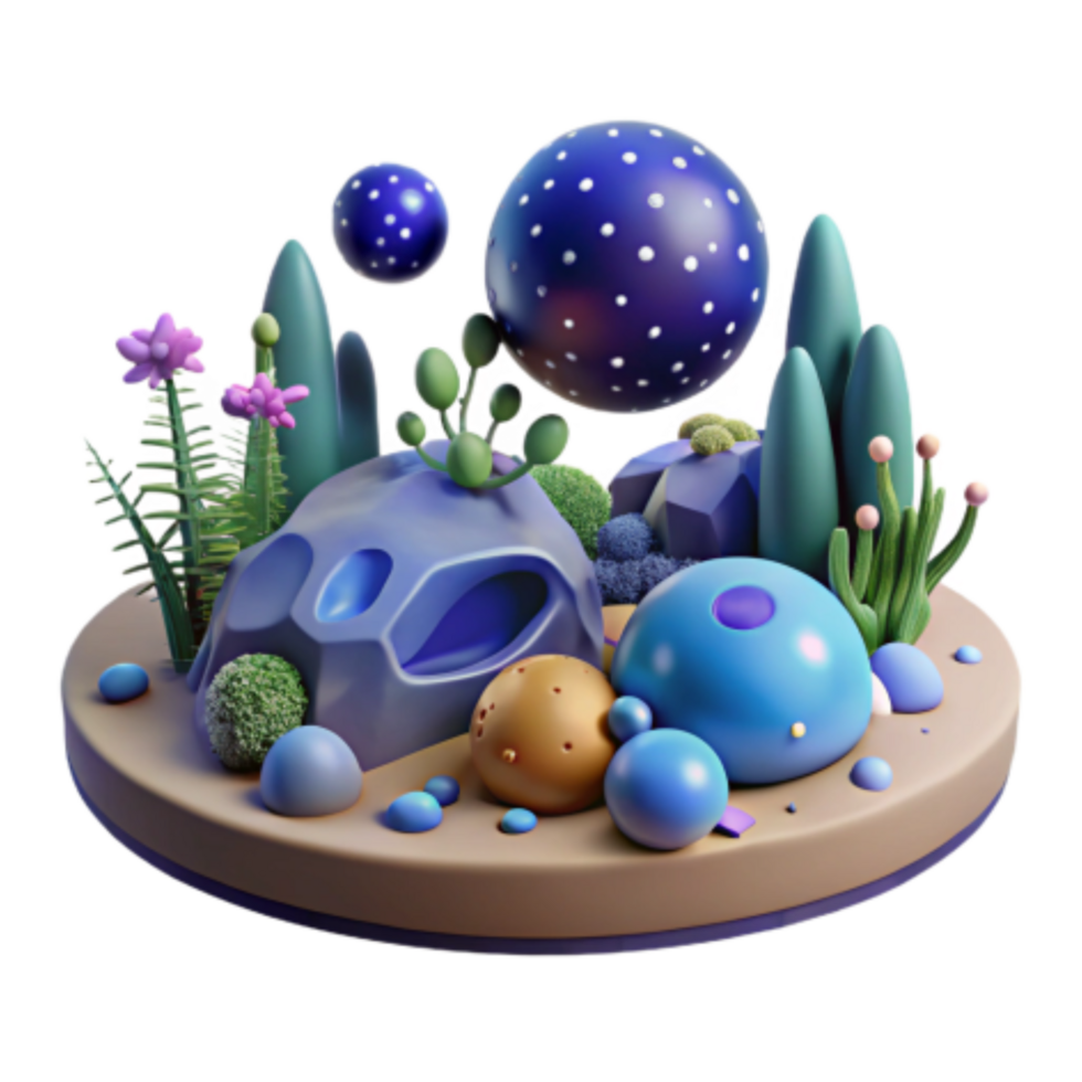 elegant artistic Whimsical 3D Render Abstract Landscape with Floating Spheres authentic png