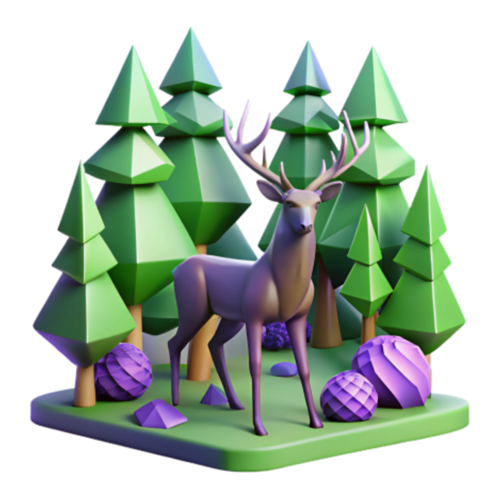 wonderful rustic Low-Poly Deer in Geometric Forest Scene professional png